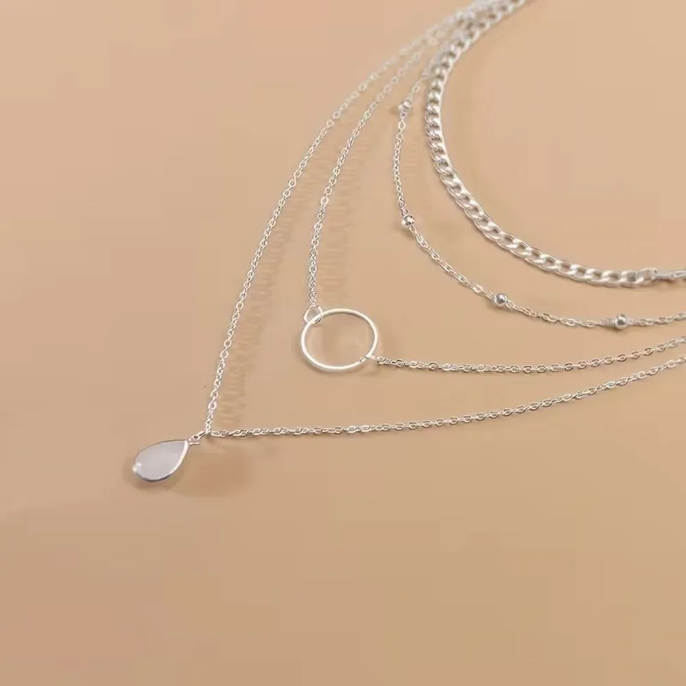 Multi Layer Silver Pendant Chain Necklace Teardrop Crystal Charm Collar Choker